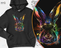 Happy Bunny Watercolour Hoodie, Easter bunny Ears Colourful Print Art, Animal tshirt, Rabbit Hare Bunny Lover, Pet Owner Gift Jumper