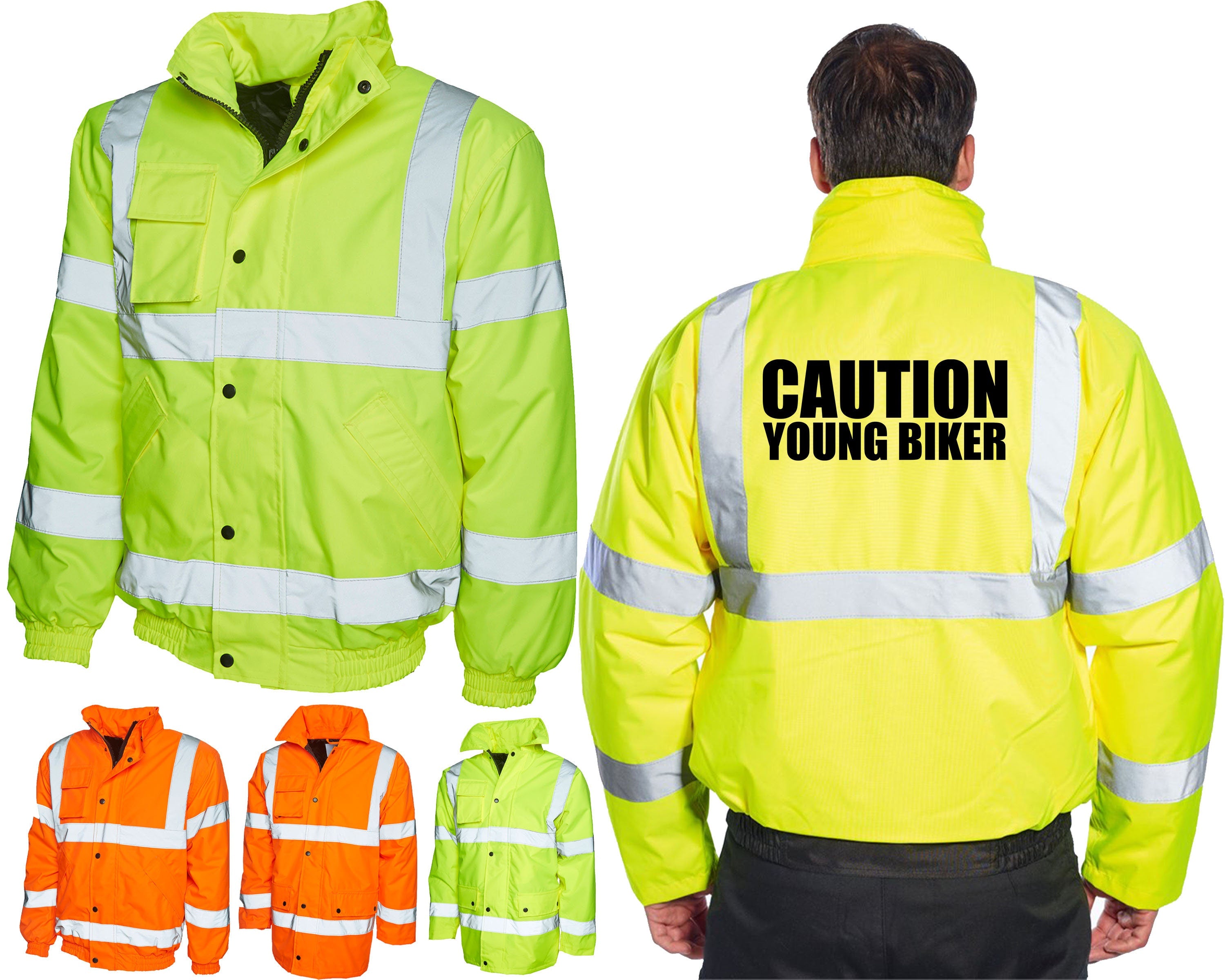 Caution Young Biker Hi Vis Bomber Jacket Motorcycle Rider Learner Road