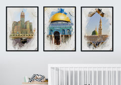 Watercolour Islamic Art Ramadan Eid Posters, 3 Islamic Holy Places, Masjid Al Haram, Masjid An-Nabawi, Masjid Al Aqsa, Wall Art Poster