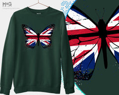 Butterfly UK Flag Printed Sweatshirt, Union Jack Britain Hooded Jumper, Patriotic England Sweater for Him Her, Traveler Pullover Long Sleeve Sweatshirt