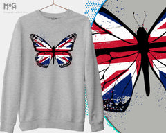Butterfly UK Flag Printed Sweatshirt, Union Jack Britain Hooded Jumper, Patriotic England Sweater for Him Her, Traveler Pullover Long Sleeve Sweatshirt