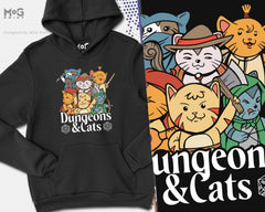 Dungeons and Cats Hoodie DnD D&D Gaming Geek Gift Idea Kitten Jumper, Fantasy Roleplaying Gamers Gift Hoody, Dungeons n Dragons Parody Hood