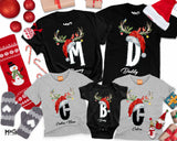 Custom Name Letter Christmas Santa Cap Reindeer Antlers Family T-shirts