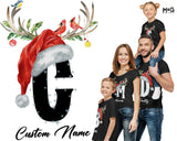 Custom Name Letter Christmas Santa Cap Reindeer Antlers Family T-shirts