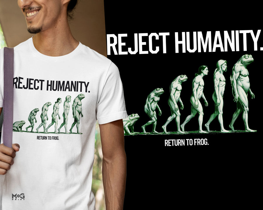 Reject Humanity Joke T-shirt Funny Frog Evolution Meme Nature Gift Tee