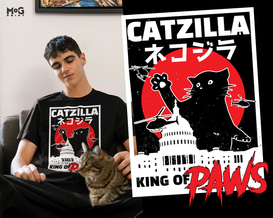 Catzilla Retro Japanese Movie Parody T-shirt Cat Film Kitty Monster Pet Lover Gift Tee