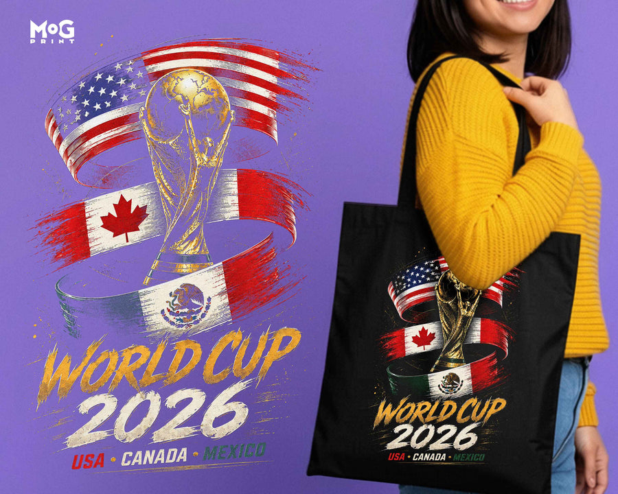Football Trophy World Cup 2026 Tote USA Canada Mexico Flags Canvas Bag