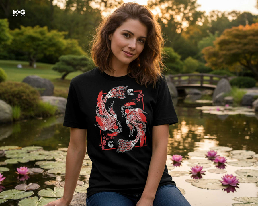 Yin Yang Koi Fish Wave T-shirt Cherry Blossom Japanese Art Unisex Tee