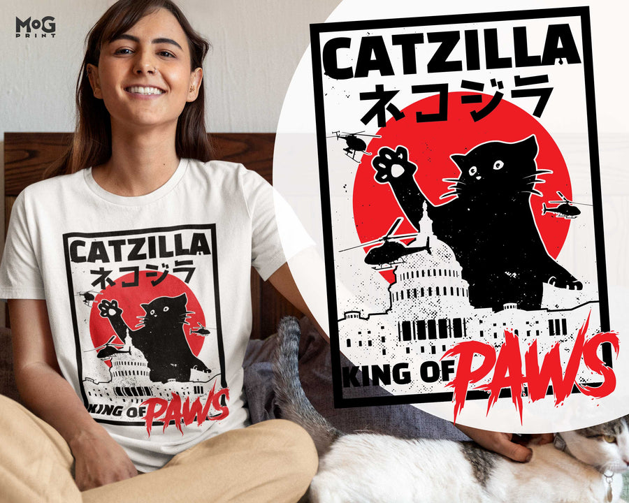 Catzilla Retro Japanese Movie Parody T-shirt Cat Film Kitty Monster Pet Lover Gift Tee
