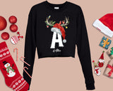 Santa Hat Rudolph Antlers Merry Christmas Cropped Women's Sweatshirt