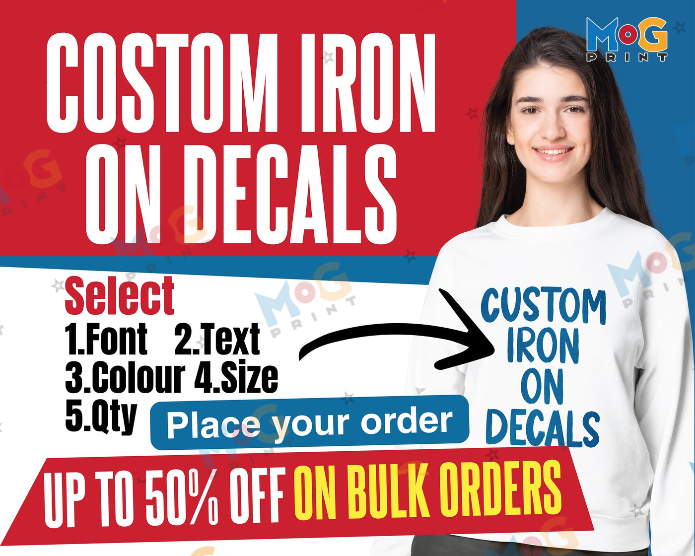 DIY Iron on Vinyl Transfers - Iron on Name - Iron on Letters - Custom Text Personalised Iron on Transfer - Custom Heat Transfers - Iron on Decal
