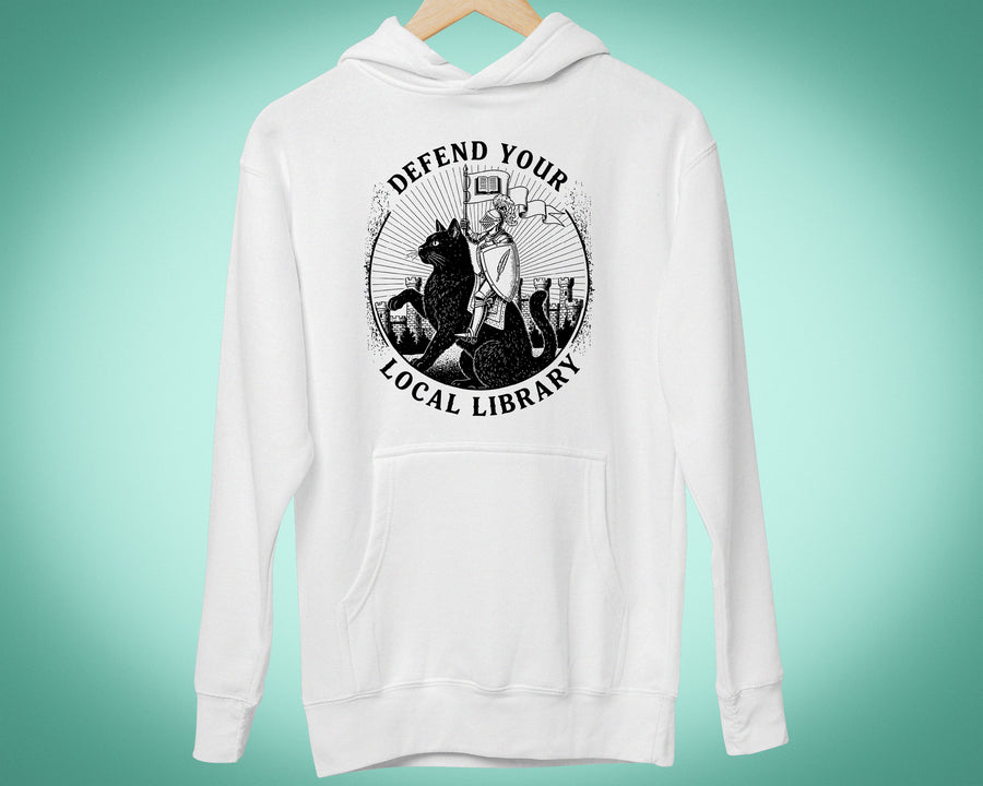 Defend Your Library Hoodie Bookish Cat Funny Sweater Book Lover Gifts