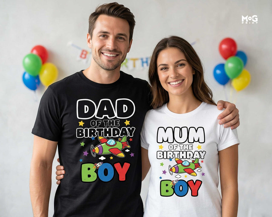 Dad Mum Birthday Boy Airplane T-shirt Matching Parents Couple Gift Tee