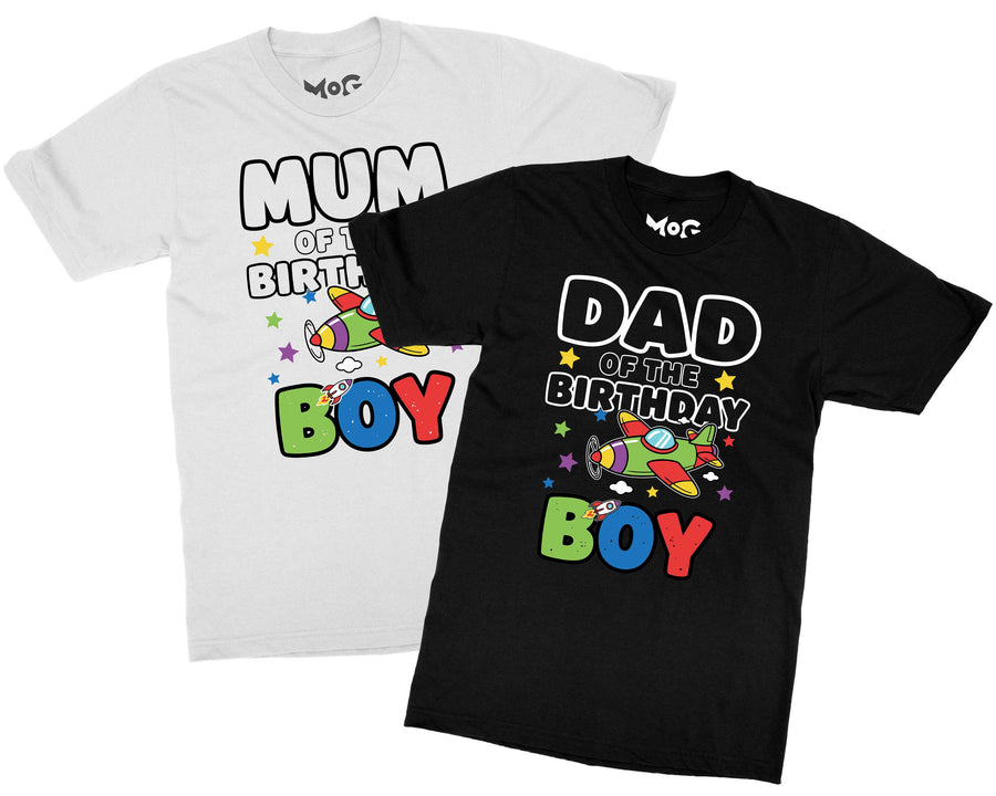 Dad Mum Birthday Boy Airplane T-shirt Matching Parents Couple Gift Tee