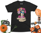 Halloween Death T-shirt, Dia De Los Muertos Costume Shirt, Day of the Dead Horror T-shirt Classic Sugar Skull Flowers Goth mexican Skull