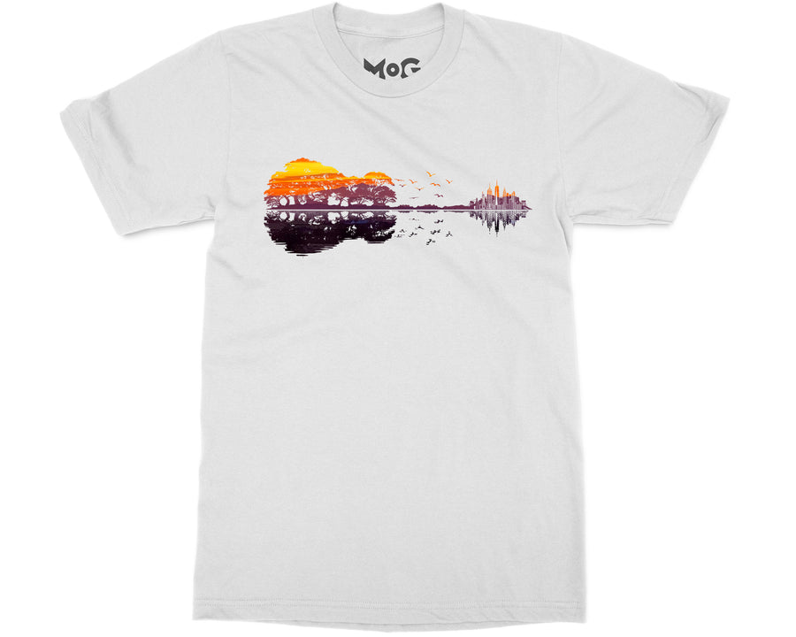 Guitar Cityscape Reflection T-shirt Music Lover Tee Guitarist Gift Top
