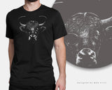 Horned Bull Punk Eye Patch T-shirt Monochrome Animal Art Goth Gift Tee