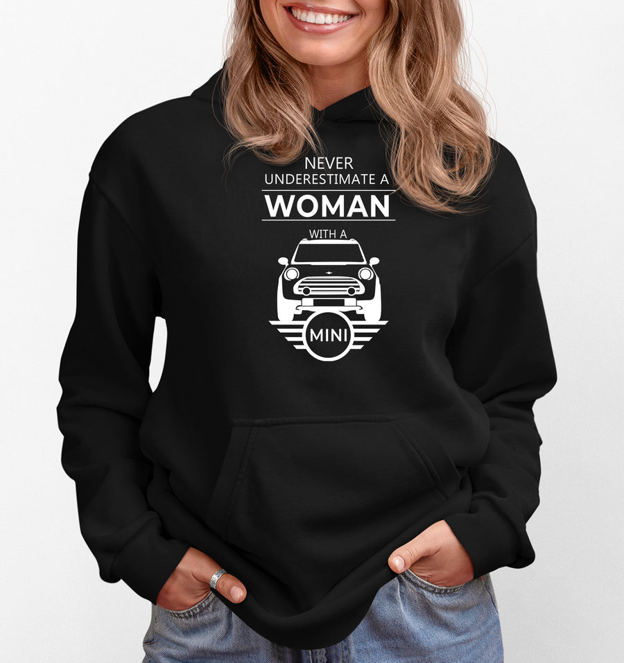 Never Underestimate Woman With Mini Cooper Hoodie Female Coop Car Driver Gift