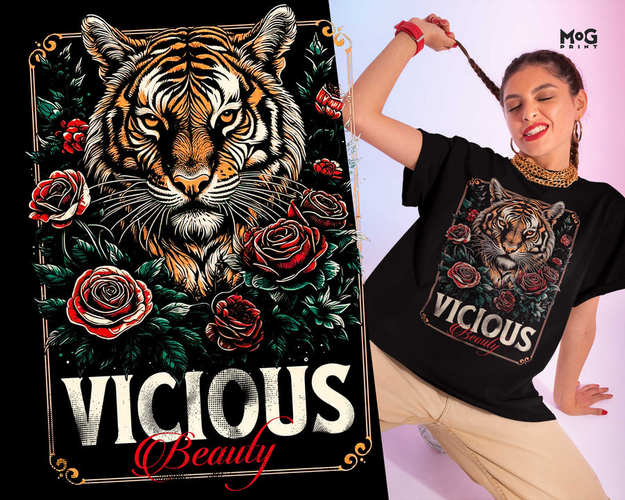 Floral Halftone Tiger T-shirt Vicious Beauty Tee Majestic Wild Cat Top