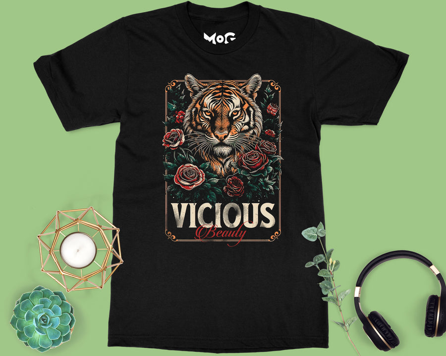 Floral Halftone Tiger T-shirt Vicious Beauty Tee Majestic Wild Cat Top