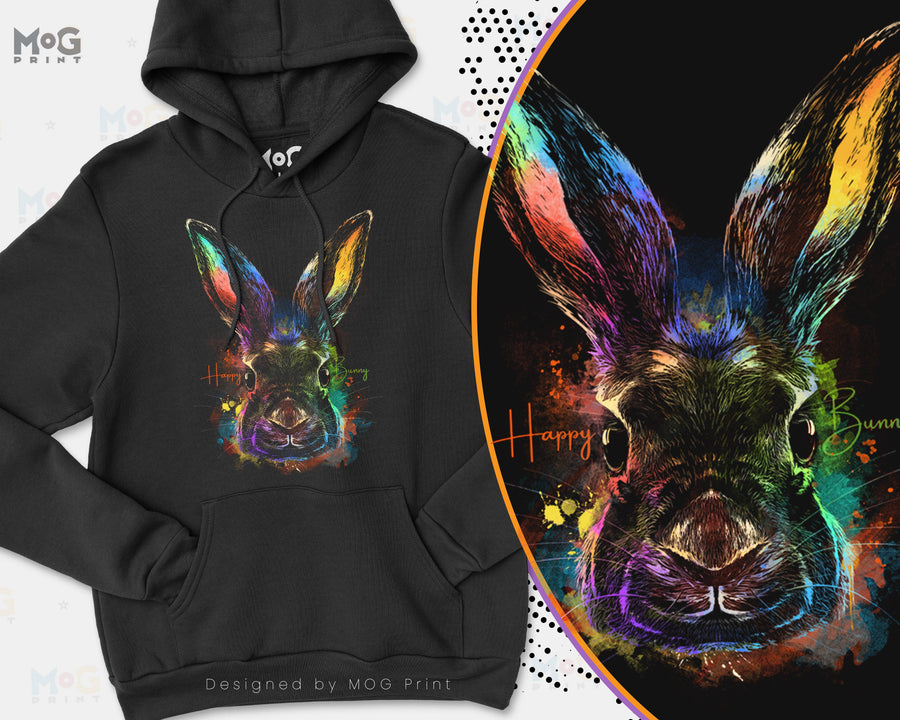 Happy Bunny Watercolour Hoodie, Easter bunny Ears Colourful Print Art, Animal tshirt, Rabbit Hare Bunny Lover, Pet Owner Gift Jumper