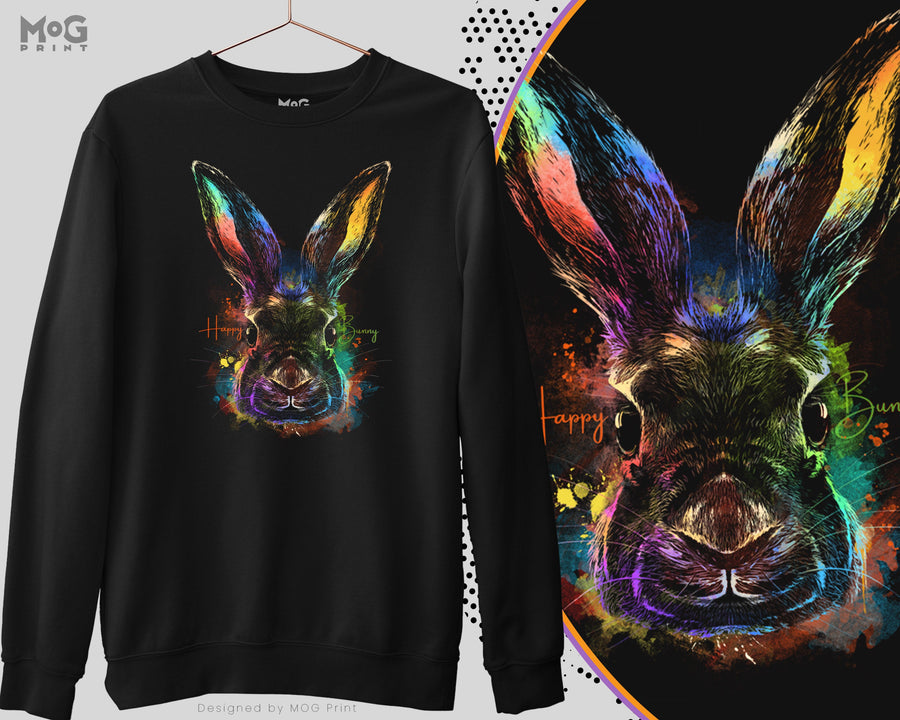 Happy Bunny Watercolour Sweatshirt, Easter bunny Ears Colourful Print Art, Animal Rabbit Hare Bunny Lover Jumper, Pet Owner Gift Sweater