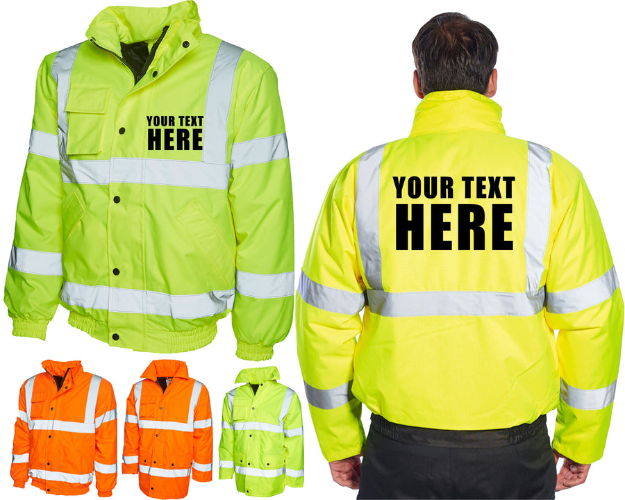 Personalised Text Hi Vis Viz Bomber Jacket Custom Workwear Add Company Business Name Any Text Front and Back Reflective Fleece Workwear Coat
