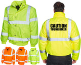 Caution Young Biker Hi Vis Bomber Jacket Motorcycle Rider Learner Road Safety Motorbike Motorcycle Coach Awareness Men Biker Workwear Coat