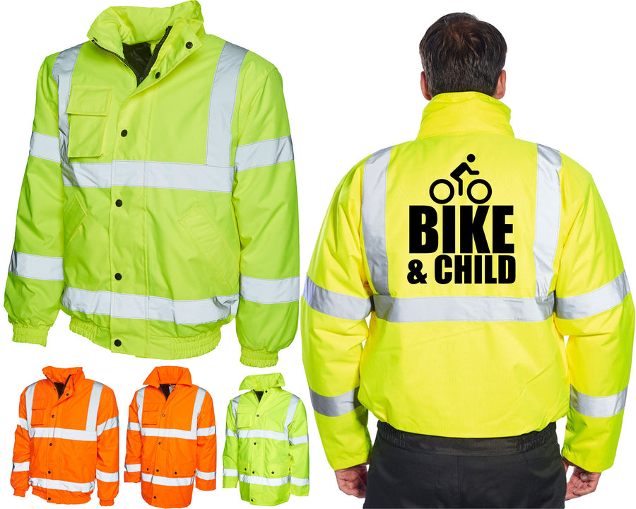 Bike & Child Hi Vis Bomber Jacket Hi Viz RS Jacket Road Safety Awareness Warning Jacket Cyclist Rider Race Track Ride a Bicycle Coat