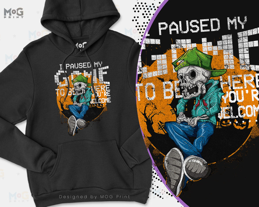 Halloween Gamer Hoodie I Paused My Game To Be Here. Funny Dead Skeleton Video Gamer Trick'R'TReat Unisex Long Sleeve Halloween Hoody 2026