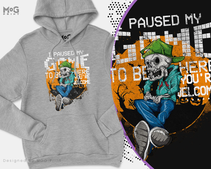 Halloween Gamer Hoodie I Paused My Game To Be Here. Funny Dead Skeleton Video Gamer Trick'R'TReat Unisex Long Sleeve Halloween Hoody 2026