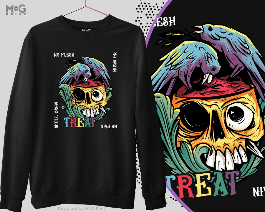 No Flesh No Brain No Pain Halloween Sweatshirt, Carcass Birds Gnawing Zombie Skull, Halloween Bloody Gory Graphic Horror Gift Adults/Kids