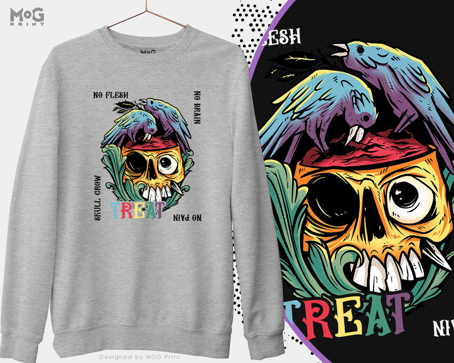 No Flesh No Brain No Pain Halloween Sweatshirt, Carcass Birds Gnawing Zombie Skull, Halloween Bloody Gory Graphic Horror Gift Adults/Kids
