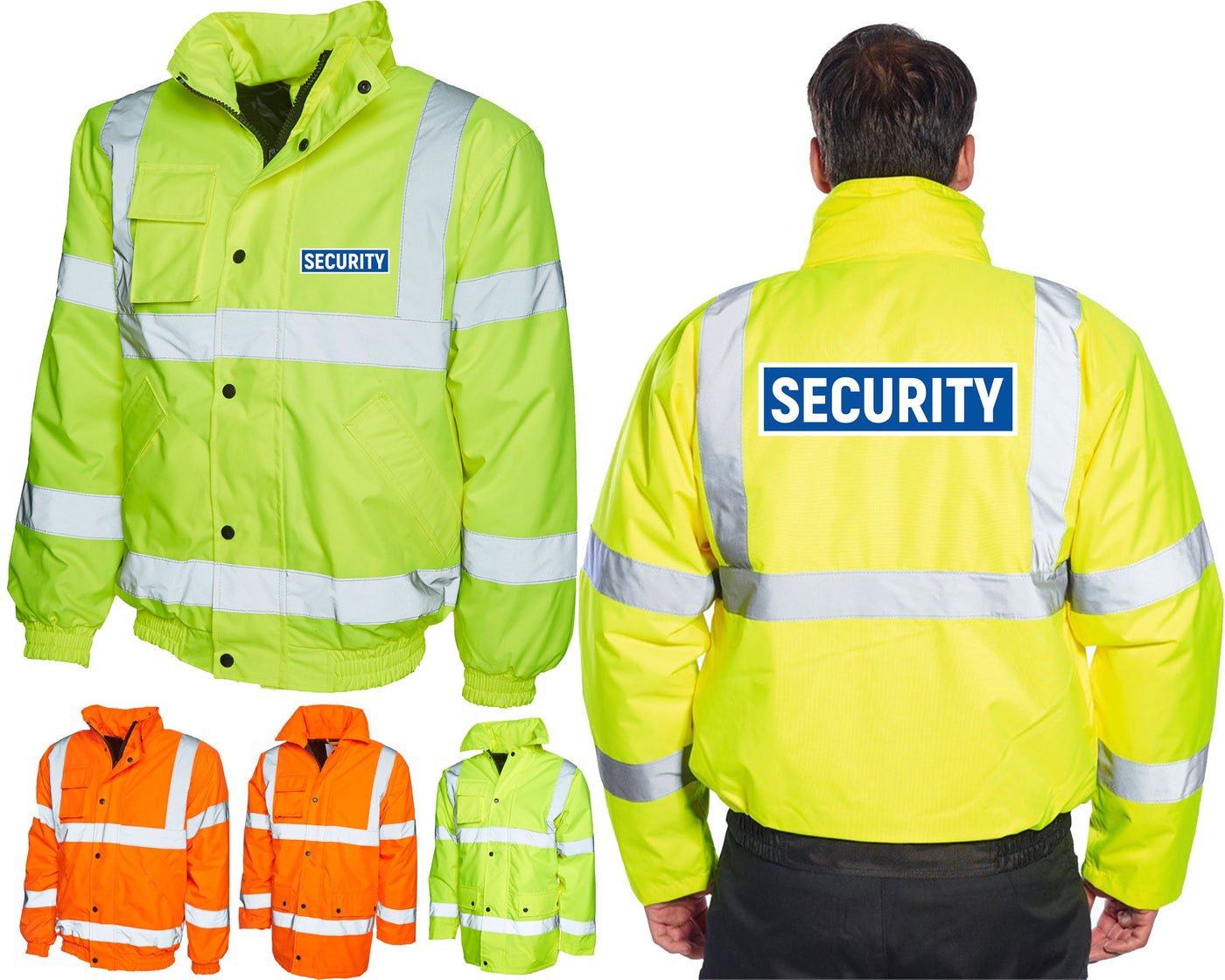 SECURITY Hi Vis Viz Bomber Jacket Bodyguard Doorman Personal Guard Company Business Workwear Reflective High Visibility Safety Coat