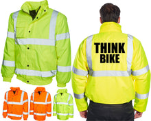 THINK BIKE High Visibility Bomber Jacket Bikers Slogan Biker Cyclist Wear Look Twice Biking Coat Road Safety Jacket