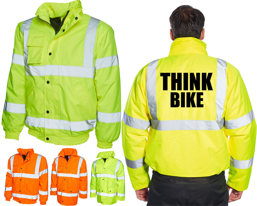 THINK BIKE High Visibility Bomber Jacket Bikers Slogan Biker Cyclist Wear Look Twice Biking Coat Road Safety Jacket