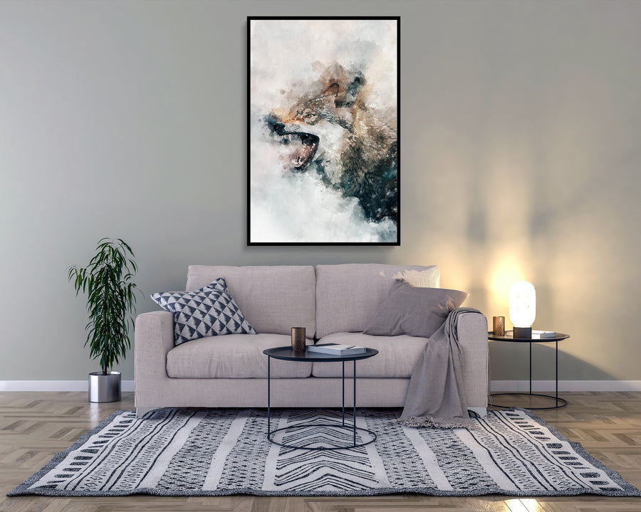 Grey Wolf Poster Water Art Styled Alpha Fangs Large Wall Art Perfect Gift Home Decor, Premium Quality, Animal Poster Print From A4 - A0