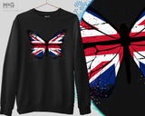 Butterfly UK Flag Printed Sweatshirt, Union Jack Britain Hooded Jumper, Patriotic England Sweater for Him Her, Traveler Pullover Long Sleeve Sweatshirt