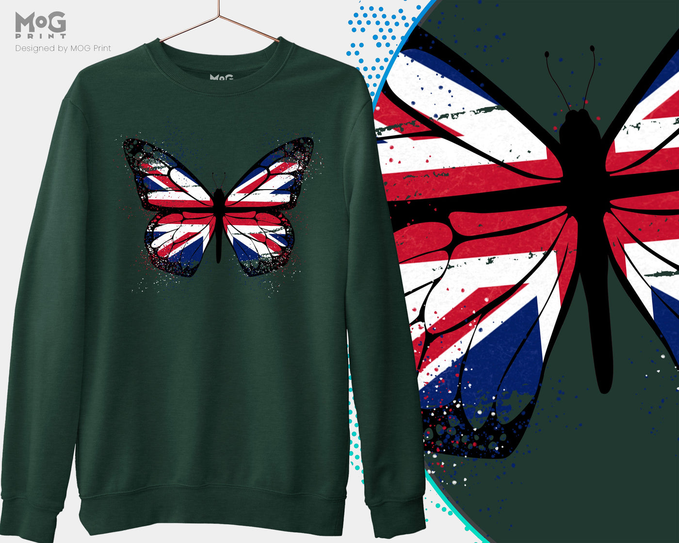 Butterfly UK Flag Printed Sweatshirt, Union Jack Britain Hooded Jumper, Patriotic England Sweater for Him Her, Traveler Pullover Long Sleeve Sweatshirt