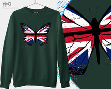 Butterfly UK Flag Printed Sweatshirt, Union Jack Britain Hooded Jumper, Patriotic England Sweater for Him Her, Traveler Pullover Long Sleeve Sweatshirt