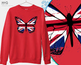 Butterfly UK Flag Printed Sweatshirt, Union Jack Britain Hooded Jumper, Patriotic England Sweater for Him Her, Traveler Pullover Long Sleeve Sweatshirt