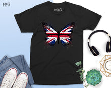 Butterfly UK Flag Graphic T-shirt, Union Jack England Tour Souvenir Memorabilia Gift Top For Men, Splash Streetwear Insect Tee