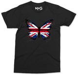 Butterfly UK Flag Graphic T-shirt, Union Jack England Tour Souvenir Memorabilia Gift Top For Men, Splash Streetwear Insect Tee