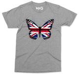 Butterfly UK Flag Graphic T-shirt, Union Jack England Tour Souvenir Memorabilia Gift Top For Men, Splash Streetwear Insect Tee