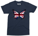 Butterfly UK Flag Graphic T-shirt, Union Jack England Tour Souvenir Memorabilia Gift Top For Men, Splash Streetwear Insect Tee