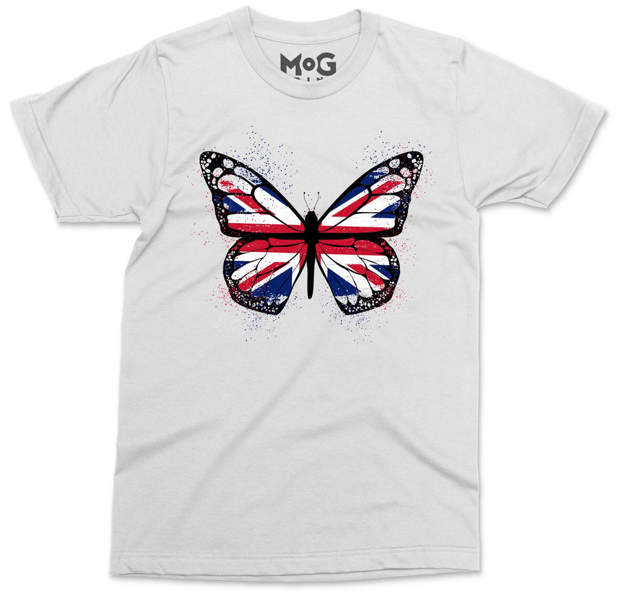 Butterfly UK Flag Graphic T-shirt, Union Jack England Tour Souvenir Memorabilia Gift Top For Men, Splash Streetwear Insect Tee