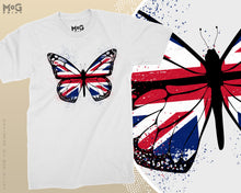 Butterfly UK Flag Graphic T-shirt, Union Jack England Tour Souvenir Memorabilia Gift Top For Men, Splash Streetwear Insect Tee
