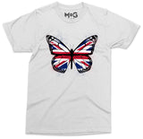 Butterfly UK Flag Graphic T-shirt, Union Jack England Tour Souvenir Memorabilia Gift Top For Men, Splash Streetwear Insect Tee