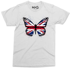 Butterfly UK Flag Graphic T-shirt, Union Jack England Tour Souvenir Memorabilia Gift Top For Men, Splash Streetwear Insect Tee