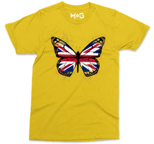 Butterfly UK Flag Graphic T-shirt, Union Jack England Tour Souvenir Memorabilia Gift Top For Men, Splash Streetwear Insect Tee